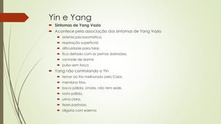 Yin e Yang
 Sintomas de Yang Vazio
 Acontece pela associação dos sintomas de Yang Vazio
 astenia psicossomática,
 respiração superficial,
 dificuldade para falar,
 fica deitado com as pernas dobradas,
 vontade de dormir,
 pulso sem força
 Yang não controlando o Yin
 temor ao frio melhorado pelo Calor,
 membros frios,
 boca pálida, úmida, não tem sede,
 rosto pálido,
 urina clara,
 fezes pastosas,
 oligúria com edema
 