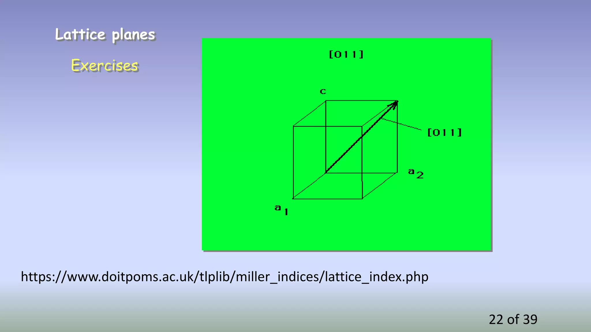 22 of 39
Lattice planes
Exercises
https://www.doitpoms.ac.uk/tlplib/miller_indices/lattice_index.php
 