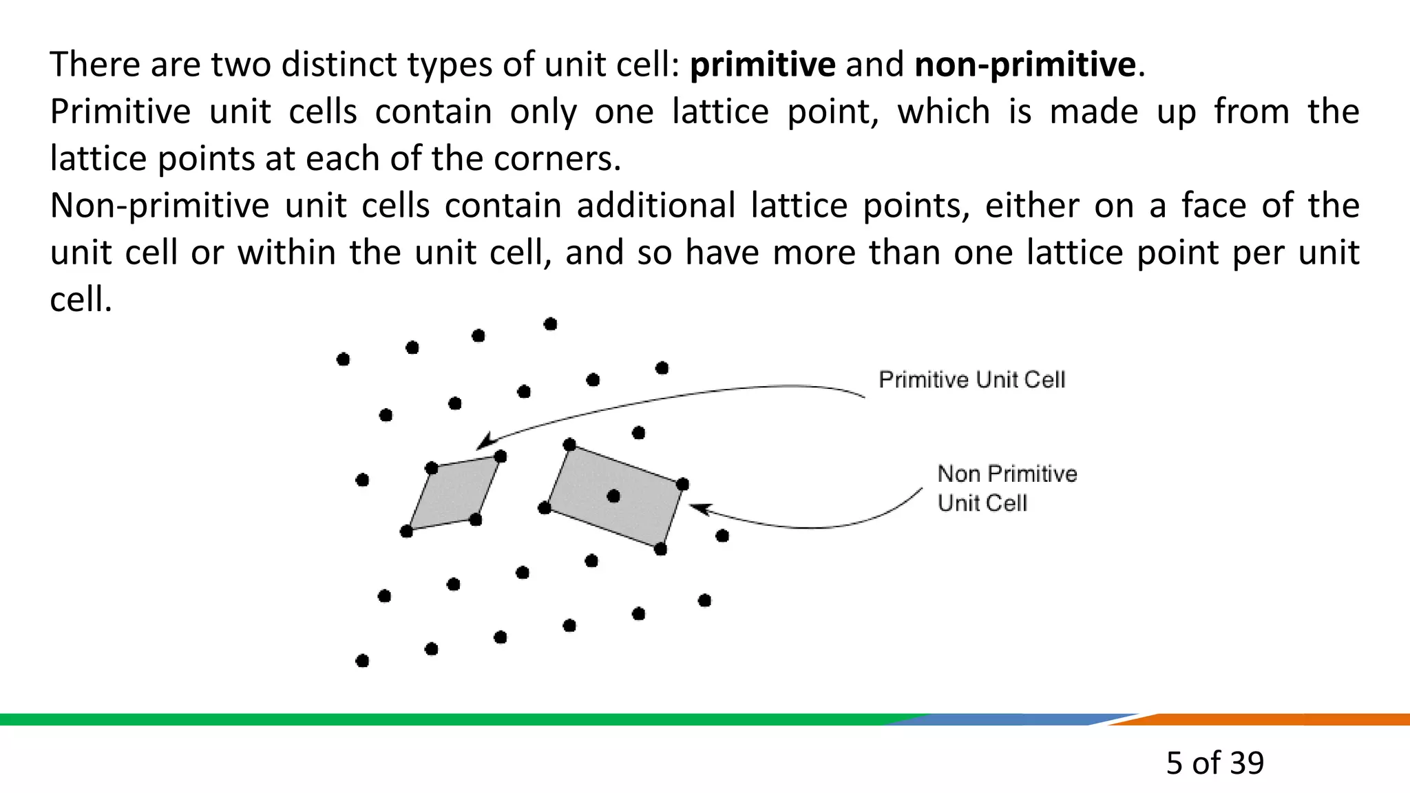 5 of 39
There are two distinct types of unit cell: primitive and non-primitive.
Primitive unit cells contain only one lattice point, which is made up from the
lattice points at each of the corners.
Non-primitive unit cells contain additional lattice points, either on a face of the
unit cell or within the unit cell, and so have more than one lattice point per unit
cell.
 