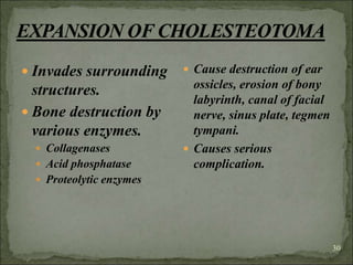 30
 Invades surrounding
structures.
 Bone destruction by
various enzymes.
 Collagenases
 Acid phosphatase
 Proteolytic enzymes
 Cause destruction of ear
ossicles, erosion of bony
labyrinth, canal of facial
nerve, sinus plate, tegmen
tympani.
 Causes serious
complication.
 