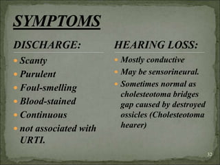 32
DISCHARGE:
 Scanty
 Purulent
 Foul-smelling
 Blood-stained
 Continuous
 not associated with
URTI.
 Mostly conductive
 May be sensorineural.
 Sometimes normal as
cholesteotoma bridges
gap caused by destroyed
ossicles (Cholesteotoma
hearer)
HEARING LOSS:
 