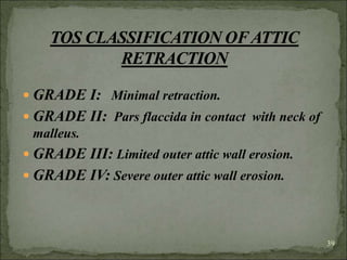 GRADE I: Minimal retraction.
 GRADE II: Pars flaccida in contact with neck of
malleus.
 GRADE III: Limited outer attic wall erosion.
 GRADE IV: Severe outer attic wall erosion.
39
 