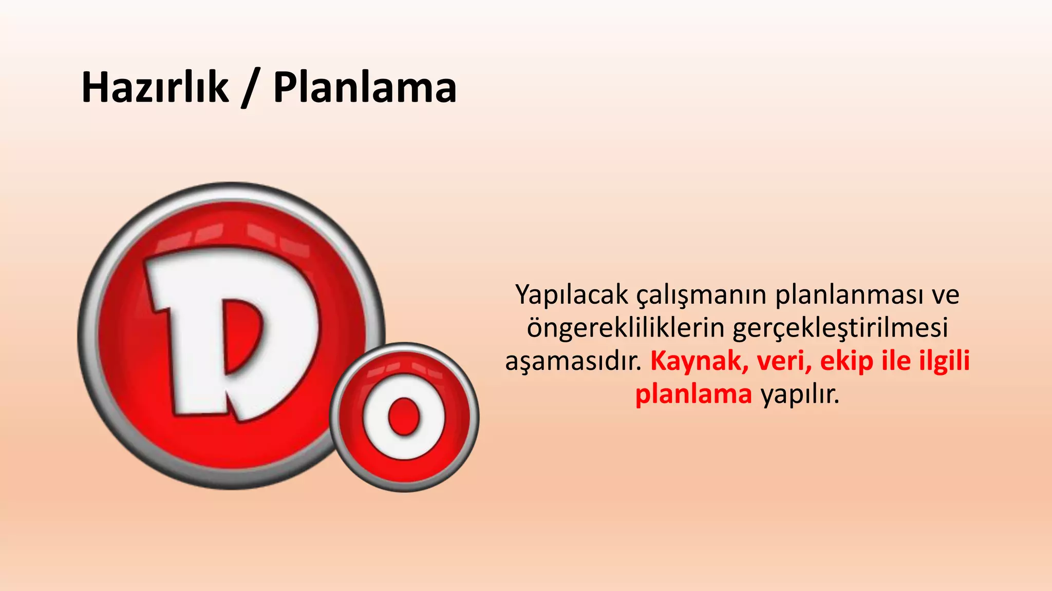 Hazırlık / Planlama
Yapılacak çalışmanın planlanması ve
öngerekliliklerin gerçekleştirilmesi
aşamasıdır. Kaynak, veri, ekip ile ilgili
planlama yapılır.
 