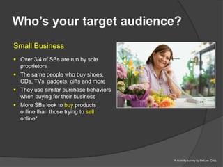 Who’s your target audience?
Small Business
 Over 3/4 of SBs are run by sole
  proprietors
 The same people who buy shoes...