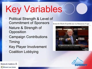Key Variables Political Strength & Level of Commitment of Sponsors Nature & Strength of Opposition  Campaign Contributions Timing Key Player Involvement Coalition Lobbying 