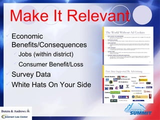 Make It Relevant Economic Benefits/Consequences Jobs (within district) Consumer Benefit/Loss   Survey Data White Hats On Your Side 