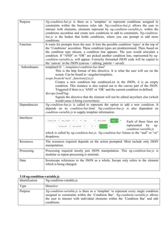 Purpose Ng-condition-bar.js is there as a ‘template’ to represent conditions assigned to
constraints within the business rules tab. Ng-condition-bar.js allows the user to
interact with elements, elements represent by ng-condition-variable.js, within the
conditions accordion and create new conditions to add to constraints. Ng-condition-
bar.js is the basket that holds conditions, where you can prompt to add more
conditions.
Function It waits for prompts from the user. It lists the possible condition ‘types’ at the top of
the ‘Conditions’ accordion. These condition types are predetermined. Then, based on
the condition type chosen, a condition line appears. The user would articulate a
condition. If “AND” or “OR” are picked another condition line, represented by ng-
condition-variable.js, will appear. Correctly formatted JSON code will be copied to
the ‘canvas’ in the JSON (canvas = editing, palette = saved).
Subordinates templateUrl: '../templates/condition-bar.html'
This is the http format of this directive. It is what the user will see on the
screen. Can be found in >angular/templates.
scope.$watch(‘next’, function(){xx}):
Creates a new condition bar conditionList in the JSON, it is an empty
condition. This instance is also copied out to the canvas part of the JSON.
Triggered if there is a ‘AND’ or ‘OR’ and the current condition in defined.
&scope.loadFlag:
Signals the directive that the element will not be edited anywhere else (which
would cause it being overwritten).
Dependencies Ng-condition-bar.js is called to represent the option to add a new condition. It
depends on its condition-bar.html. Ng-condition-bar.js is also dependent on
condition-variable.js to supply template information.
Interfaces
Each of these lines are
represented by ng-
condition-variable.js
which is called by ng-condition-bar.js. Ng-condition-bar listens to the “and” or “or”
dropdown.
Resources The resources required depends on the action prompted. Most include only JSON
manipulation.
Processing Processing required mostly just JSON manipulation. This ng-condition-bar.js is
modular so repeat processing is minimal.
Data $rootscope references to the JSON as a whole, $scope only refers to the element
which is being changed.
3.10 ng-condition-variable.js
Identification Ng-condition-variable.js
Type Directive
Purpose Ng-condition-variable.js is there as a ‘template’ to represent every single condition
assigned to constraints within the ‘Condition Bar’. Ng-conditoin-variable.js allows
the user to interact with individual elements within the ‘Condition Bar’ and edit
conditions.
 