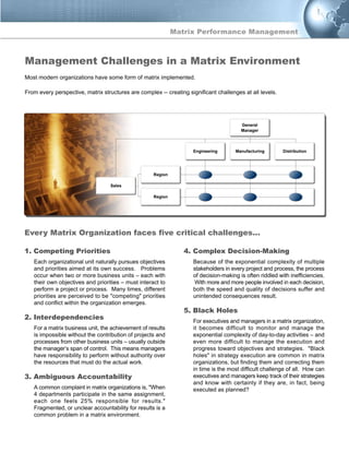 Matrix Performance Management
Management Challenges in a Matrix Environment
Most modern organizations have some form of matrix implemented.
From every perspective, matrix structures are complex -- creating significant challenges at all levels.
Every Matrix Organization faces five critical challenges...
1. Competing Priorities
Each organizational unit naturally pursues objectives
and priorities aimed at its own success. Problems
occur when two or more business units – each with
their own objectives and priorities – must interact to
perform a project or process. Many times, different
priorities are perceived to be "competing" priorities
and conflict within the organization emerges.
2. Interdependencies
For a matrix business unit, the achievement of results
is impossible without the contribution of projects and
processes from other business units – usually outside
the manager’s span of control. This means managers
have responsibility to perform without authority over
the resources that must do the actual work.
3. Ambiguous Accountability
A common complaint in matrix organizations is, "When
4 departments participate in the same assignment,
each one feels 25% responsible for results."
Fragmented, or unclear accountability for results is a
common problem in a matrix environment.
4. Complex Decision-Making
Because of the exponential complexity of multiple
stakeholders in every project and process, the process
of decision-making is often riddled with inefficiencies.
With more and more people involved in each decision,
both the speed and quality of decisions suffer and
unintended consequences result.
5. Black Holes
For executives and managers in a matrix organization,
it becomes difficult to monitor and manage the
exponential complexity of day-to-day activities – and
even more difficult to manage the execution and
progress toward objectives and strategies. "Black
holes" in strategy execution are common in matrix
organizations, but finding them and correcting them
in time is the most difficult challenge of all. How can
executives and managers keep track of their strategies
and know with certainty if they are, in fact, being
executed as planned?
General
Manager
Engineering Manufacturing Distribution
Region
Region
Sales
 