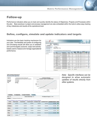 Matrix Performance Management
Follow-up
Define, configure, simulate and update indicators and targets
Performance indicators allow you to track and quickly identify the status of Objectives, Projects and Processes within
the plan. Best practices in project and process management are also embedded within the tools to allow easy tracking
of key milestones and results at the operational level.
Note: Specific interfaces can be
designed to allow automatic
updates of results directly from
other systems.
Indicators are the basic tracking mechanism for
your plan. The flexibility and power of configuring
and simulating results will allow you to establish
and commit targets (outcome, output and activity-
based) used to measure and manage organizational
performance.
 