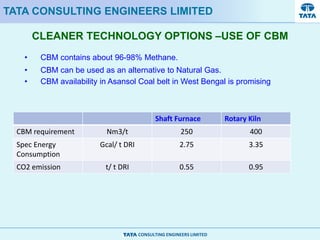 CONSULTING ENGINEERS LIMITED
CLEANER TECHNOLOGY OPTIONS –USE OF CBM
TATA CONSULTING ENGINEERS LIMITED
• CBM contains about 96-98% Methane.
• CBM can be used as an alternative to Natural Gas.
• CBM availability in Asansol Coal belt in West Bengal is promising
Shaft Furnace Rotary Kiln
CBM requirement Nm3/t 250 400
Spec Energy
Consumption
Gcal/ t DRI 2.75 3.35
CO2 emission t/ t DRI 0.55 0.95
 
