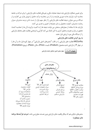www.eMarketing.ir
‫جامعه‬ ‫و‬ ‫شرکت‬ ‫برای‬ ‫را‬ ‫بازاریابی‬ ‫های‬ ‫فعالیت‬ ‫غیرمالی‬ ‫و‬ ‫مالی‬ ‫عملیات‬ ‫نتیجه‬ ‫باید‬ ‫بازاریابی‬ ‫عملکرد‬ ‫تعیین‬ ‫برای‬
‫گذا‬ ‫می‬ ‫فراتر‬ ‫فروش‬ ‫از‬ ‫حاصل‬ ‫درآمد‬ ‫محاسبه‬ ‫مرز‬ ‫از‬ ‫را‬ ‫پا‬ ‫فزاینده‬ ‫صورتی‬ ‫به‬ ‫ها‬ ‫بازاریاب‬ .‫کرد‬ ‫محاسبه‬‫از‬ ‫و‬ ‫رند‬
‫میزان‬ ،‫مشتریان‬ ‫درصد‬ ‫دادن‬ ‫دست‬ ‫از‬ ،‫بازار‬ ‫سهم‬ ‫نظر‬ ‫از‬ ‫را‬ ‫بازاریابی‬ ‫های‬ ‫فعالیت‬ ‫نتیجه‬ ‫متوازن‬ ‫بررسی‬ ‫دیدگاه‬
.‫کنند‬ ‫می‬ ‫تفسیر‬ ‫و‬ ‫تعیین‬ ‫را‬ ‫معیارها‬ ‫سایر‬ ‫و‬ ‫محصول‬ ‫کیفیت‬ ،‫مشتریان‬ ‫رضایت‬
‫درآورند‬ ‫کمیت‬ ‫به‬ ‫را‬ ‫ها‬ ‫نتیجه‬ ‫توانند‬ ‫می‬ ‫سنجش‬ ‫معیارهای‬ ‫از‬ ‫استفاده‬ ‫با‬ ‫ها‬ ‫بازاریاب‬.)‫کنند‬ ‫محاسبه‬ ‫را‬ ‫ها‬ ‫(آن‬
‫بازاریابی‬ ‫مختلف‬ ‫های‬ ‫فعالیت‬ ‫اثربخشی‬ ‫و‬ ‫کارآیی‬ ‫کند‬ ‫می‬ ‫کمک‬ ‫آنان‬ ‫به‬ ‫آماری‬ ‫تحلیل‬ ‫و‬ ‫تجزیه‬ ‫و‬ ‫بازار‬ ‫در‬ ‫تحقیق‬
.‫دهند‬ ‫قرار‬ ‫ارزیابی‬ ‫مورد‬ ‫مالی‬ ‫دیدگاه‬ ‫از‬ ‫را‬
‫بازاریابی‬ ‫های‬ ‫فعالیت‬ ‫کردن‬ ‫روز‬ ‫به‬
MCCarlhy‫قالب‬ ‫در‬ ‫را‬ ‫بازاریابی‬ ‫های‬ ‫فعالیت‬"‫ب‬ ‫اصلی‬ ‫متغیرهای‬‫ازاریابی‬"‫را‬ ‫ها‬ ‫آن‬ ‫و‬ ‫داد‬ ‫قرار‬ ‫گروه‬ ‫چهار‬ ‫در‬
‫چهار‬ ‫در‬P( ‫نامید.محصول‬ ‫بازاریابی‬ ‫از‬Product( ‫قیمت‬ ،)Price( ‫مکان‬ ،)Place( ‫ترویج‬ ،)Promotion).
‫بازاریابی‬ ‫دهنده‬ ‫تشکیل‬ ‫اصلی‬ ‫متغیر‬ ‫چهار‬
‫ه‬ ‫نوین‬ ‫بازاریابی‬ ‫های‬ ‫واقعیت‬ ‫بیانگر‬ ‫که‬ ‫هم‬ ‫دیگری‬ ‫متغیرهای‬.‫باشد‬ ‫می‬ ‫مطرح‬ ‫ستند‬،‫(مردم‬‫فرآیند‬‫ه‬‫برنامه‬ ،‫ا‬
)‫عملکرد‬ ‫و‬ ‫ها‬
‫نمودار‬4-1
‫اصلی‬ ‫متغیرهای‬
‫بازاریابی‬
 