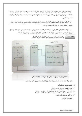 www.eMarketing.ir
‫برنامه‬‫بازاریابی‬‫شیوه‬ ‫و‬ ‫بازاریابی‬ ‫های‬ ‫فعالیت‬ ‫مسیر‬ ‫که‬ ‫است‬ ‫اصلی‬ ‫ابزارهای‬ ‫از‬ ‫یکی‬ ‫و‬ ‫دارد‬ ‫محوری‬ ‫نقش‬
‫بلند‬ :‫شوند‬ ‫می‬ ‫تهیه‬ ‫سطح‬ ‫دو‬ ‫در‬ ‫برنامه‬ ‫این‬ .‫کند‬ ‫می‬ ‫تعیین‬ ‫را‬ ‫آن‬ ‫کردن‬ ‫هماهنگ‬‫کوتاه‬ ‫و‬ ‫استراتژیک‬ ‫یا‬ ‫مدت‬
.‫تاکتیکی‬ ‫یا‬ ‫مدت‬
‫در‬"‫بازاریابی‬ ‫استراتژیک‬ ‫برنامه‬"،‫شوند‬ ‫می‬ ‫تعیین‬ ‫شکرت‬ ‫تعهدشده‬ ‫ارزش‬ ‫و‬ ‫هدف‬ ‫بازارهای‬‫ب‬ ‫البته‬‫راساس‬
.‫بازار‬ ‫در‬ ‫موجود‬ ‫های‬ ‫فرصت‬ ‫بهترین‬ ‫تحلیل‬ ‫و‬ ‫تجزیه‬
‫در‬"‫بازاریابی‬ ‫تاکتیکی‬ ‫برنامه‬"‫ویژگ‬ ‫مانند‬ ،‫شود‬ ‫می‬ ‫تعیین‬ ‫ها‬ ‫فعالیت‬ ‫اجرای‬ ‫شیوه‬‫محصول‬ ‫های‬ ‫ی‬‫نوع‬ ،
.‫خدمات‬ ‫ارائه‬ ‫سرانجام‬ ‫و‬ ‫فروش‬ ‫های‬ ‫کانال‬ ،‫گذاری‬ ‫قیمت‬ ،‫بازارها‬ ‫به‬ ‫محصول‬ ‫عرضه‬ ‫شیوه‬ ،‫ترویج‬
‫کنترل‬ ‫و‬ ‫اجرا‬ :‫استراتژیک‬ ‫ریزی‬ ‫برنامه‬ ‫فرآیندهای‬
‫مستقل‬ ‫واحد‬ ‫و‬ ‫شرکت‬ ‫کل‬ ‫برای‬ ‫استراتژیک‬ ‫ریزی‬ ‫برنامه‬
‫چه‬ ‫مسئولیت‬ ‫ها‬ ‫شرکت‬ ‫همه‬ ‫مرکز‬ ‫دفتر‬:‫دارد‬ ‫عهده‬ ‫بر‬ ‫را‬ ‫ریزی‬ ‫برنامه‬ ‫فعالیت‬ ‫نوع‬ ‫ار‬
1.‫شرکت‬ ‫ماموریت‬ ‫تعیین‬
2.‫سازمانی‬ ‫استراتژیک‬ ‫واحد‬ ‫تعیین‬
3.‫سازمانی‬ ‫استراتژیک‬ ‫واحدهای‬ ‫از‬ ‫یک‬ ‫هر‬ ‫به‬ ‫منابع‬ ‫تخصیص‬
4.‫رشد‬ ‫های‬ ‫فرصت‬ ‫ارزیابی‬
‫شرکت‬ ‫ماموریت‬
‫ن‬‫مودار‬1-2
 