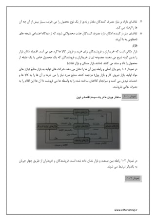 www.eMarketing.ir
7.‫آن‬ ‫چه‬ ‫آن‬ ‫از‬ ‫بیش‬ ‫بسیار‬ ،‫خرند‬ ‫می‬ ‫را‬ ‫محصول‬ ‫نوع‬ ‫یک‬ ‫از‬ ‫زیادی‬ ‫مقدار‬ ‫کنندگان‬ ‫مصرف‬ :‫نیاز‬ ‫بر‬ ‫مازاد‬ ‫تقاضای‬
.‫کند‬ ‫می‬ ‫ارضاء‬ ‫را‬ ‫ها‬
8.‫های‬ ‫نتیجه‬ ‫اجتماعی‬ ‫دیدگاه‬ ‫از‬ ‫که‬ ‫شوند‬ ‫محصوالتی‬ ‫جذب‬ ‫کنندگان‬ ‫مصرف‬ ‫دارد‬ ‫امکان‬ :‫کننده‬ ‫مشءز‬ ‫تقاضای‬
.‫آورند‬ ‫با‬ ‫به‬ ‫نامطلوبی‬
‫بازار‬
‫است‬ ‫مکانی‬ ‫بازار‬‫بازار‬ ‫دانان‬ ‫اقتصاد‬ .‫آیند‬ ‫می‬ ‫هم‬ ‫گرد‬ ‫ها‬ ‫کاال‬ ‫فروش‬ ‫و‬ ‫خرید‬ ‫برای‬ ‫فروشندگان‬ ‫و‬ ‫خریداران‬ ‫که‬
‫از‬ ‫طبقه‬ ‫یک‬ ‫یا‬ ‫خاص‬ ‫محصول‬ ‫یک‬ ‫که‬ ‫فروشندگان‬ ‫و‬ ‫خریداران‬ ‫از‬ ‫ای‬ ‫مجموعه‬ :‫دهند‬ ‫می‬ ‫شرح‬ ‫گونه‬ ‫بدین‬ ‫را‬
)‫غالت‬ ‫بازار‬ ‫و‬ ‫مسکن‬ ‫بازار‬ ‫(مانند‬ .‫کنند‬ ‫می‬ ‫ستد‬ ‫و‬ ‫داد‬ ‫را‬ ‫محصول‬
‫نمودار‬ ‫در‬1-1‫باز‬ ‫پنج‬‫های‬ ‫(بازار‬ ‫منابع‬ ‫بازار‬ ‫به‬ ‫تولید‬ ‫های‬ ‫شرکت‬ .‫دهد‬ ‫می‬ ‫نشان‬ ‫را‬ ‫ها‬ ‫آن‬ ‫بین‬ ‫رابطه‬ ‫و‬ ‫اصلی‬ ‫ار‬
‫و‬ ‫ها‬ ‫کاال‬ ‫به‬ ‫را‬ ‫ها‬ ‫آن‬ ‫و‬ ‫خرند‬ ‫می‬ ‫را‬ ‫نیاز‬ ‫مورد‬ ‫منابع‬ ،‫کنند‬ ‫مراجعه‬ )‫پول‬ ‫بازار‬ ‫و‬ ‫کار‬ ‫نیروی‬ ‫بازار‬ ،‫اولیه‬ ‫مواد‬
‫فر‬ ‫می‬ ‫ها‬ ‫واسطه‬ ‫به‬ ‫را‬ ‫شده‬ ‫ساخته‬ ‫کاالهای‬ ‫سرانجام‬ ‫و‬ ‫کنند‬ ‫می‬ ‫تبدیل‬ ‫خدمات‬‫به‬ ‫را‬ ‫اقالم‬ ‫این‬ ‫ها‬ ‫آن‬ ‫تا‬ ‫وشند‬
.‫بفروشند‬ ‫نهایی‬ ‫مصرف‬
‫نوین‬ ‫اقتصادی‬ ‫سیستم‬ ‫یک‬ ‫در‬ ‫ها‬ ‫جریان‬ ‫ساختار‬
‫نمودار‬ ‫در‬2-1‫جریان‬ ‫چهار‬ ‫طریق‬ ‫از‬ ‫خریداران‬ ‫و‬ ‫فروشندگان‬ .‫است‬ ‫شده‬ ‫داده‬ ‫نشان‬ ‫بازار‬ ‫و‬ ‫صنعت‬ ‫بین‬ ‫رابطه‬
.‫شوند‬ ‫می‬ ‫مرتبط‬ ‫یکدیگر‬ ‫به‬
‫نمودار‬1-1
‫نمودار‬2-1
 