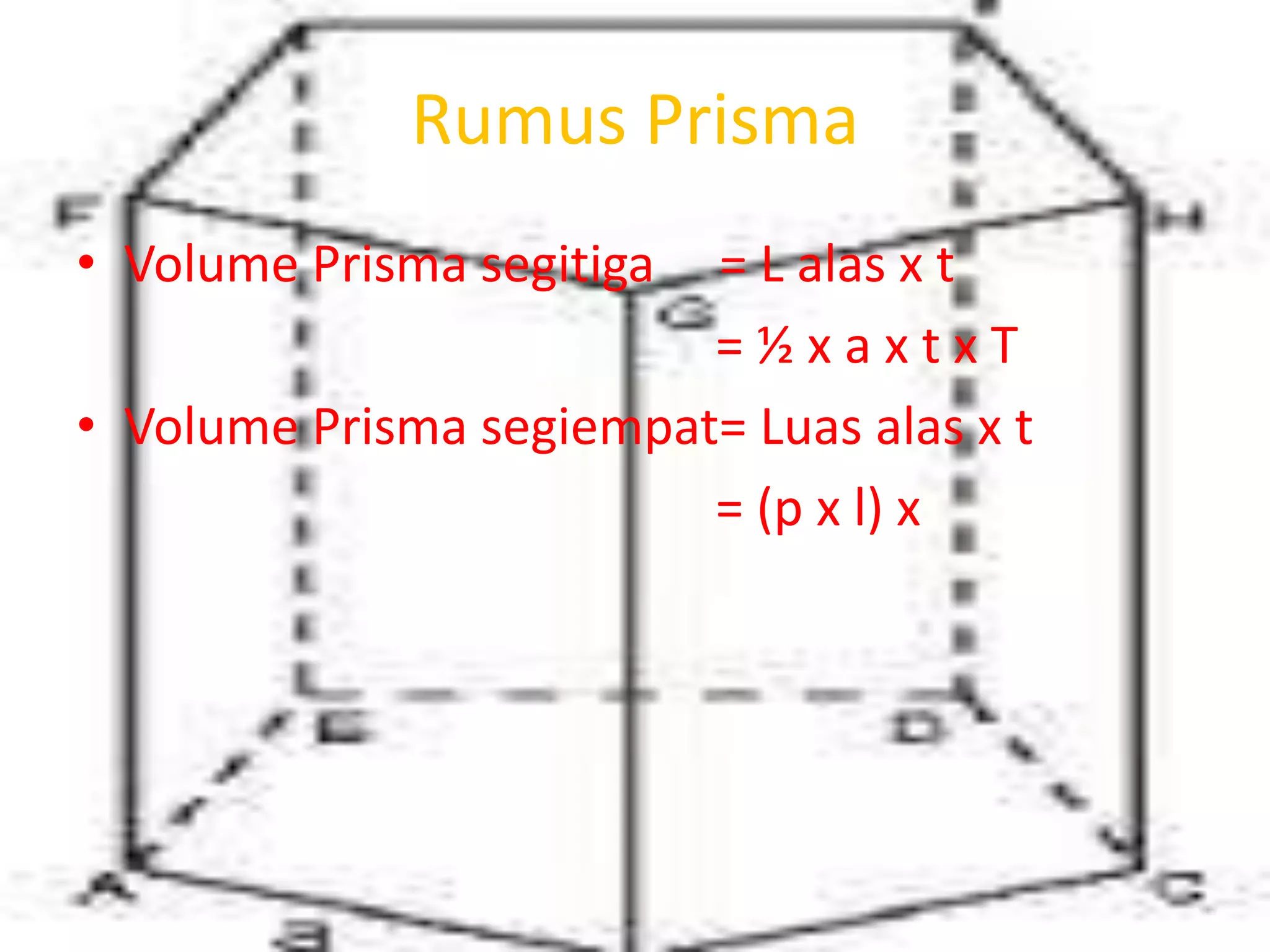 Rumus Prisma
• Volume Prisma segitiga = L alas x t
= ½ x a x t x T
• Volume Prisma segiempat= Luas alas x t
= (p x l) x
 