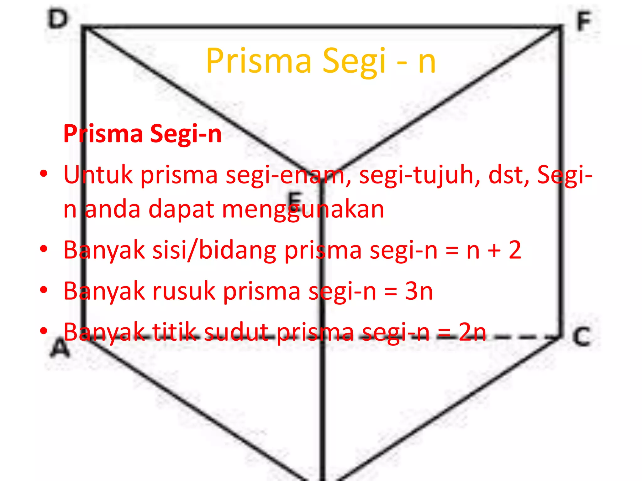 Prisma Segi - n
Prisma Segi-n
• Untuk prisma segi-enam, segi-tujuh, dst, Segi-
n anda dapat menggunakan
• Banyak sisi/bidang prisma segi-n = n + 2
• Banyak rusuk prisma segi-n = 3n
• Banyak titik sudut prisma segi-n = 2n
 
