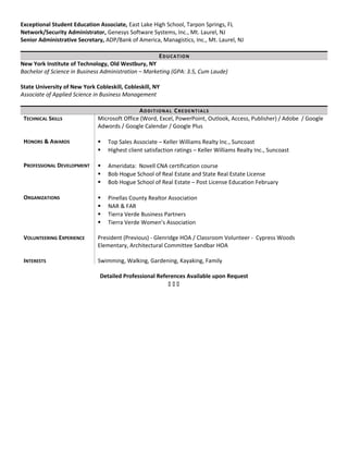 Exceptional Student Education Associate, East Lake High School, Tarpon Springs, FL
Network/Security Administrator, Genesys Software Systems, Inc., Mt. Laurel, NJ
Senior Administrative Secretary, ADP/Bank of America, Managistics, Inc., Mt. Laurel, NJ
EDUCATION
New York Institute of Technology, Old Westbury, NY
Bachelor of Science in Business Administration – Marketing (GPA: 3.5, Cum Laude)
State University of New York Cobleskill, Cobleskill, NY
Associate of Applied Science in Business Management
ADDITIONAL CREDENTIALS
TECHNICAL SKILLS Microsoft Office (Word, Excel, PowerPoint, Outlook, Access, Publisher) / Adobe / Google
Adwords / Google Calendar / Google Plus
HONORS & AWARDS  Top Sales Associate – Keller Williams Realty Inc., Suncoast
 Highest client satisfaction ratings – Keller Williams Realty Inc., Suncoast
PROFESSIONAL DEVELOPMENT  Ameridata: Novell CNA certification course
 Bob Hogue School of Real Estate and State Real Estate License
 Bob Hogue School of Real Estate – Post License Education February
ORGANIZATIONS  Pinellas County Realtor Association
 NAR & FAR
 Tierra Verde Business Partners
 Tierra Verde Women’s Association
VOLUNTEERING EXPERIENCE President (Previous) - Glenridge HOA / Classroom Volunteer - Cypress Woods
Elementary, Architectural Committee Sandbar HOA
INTERESTS Swimming, Walking, Gardening, Kayaking, Family
Detailed Professional References Available upon Request
  
 