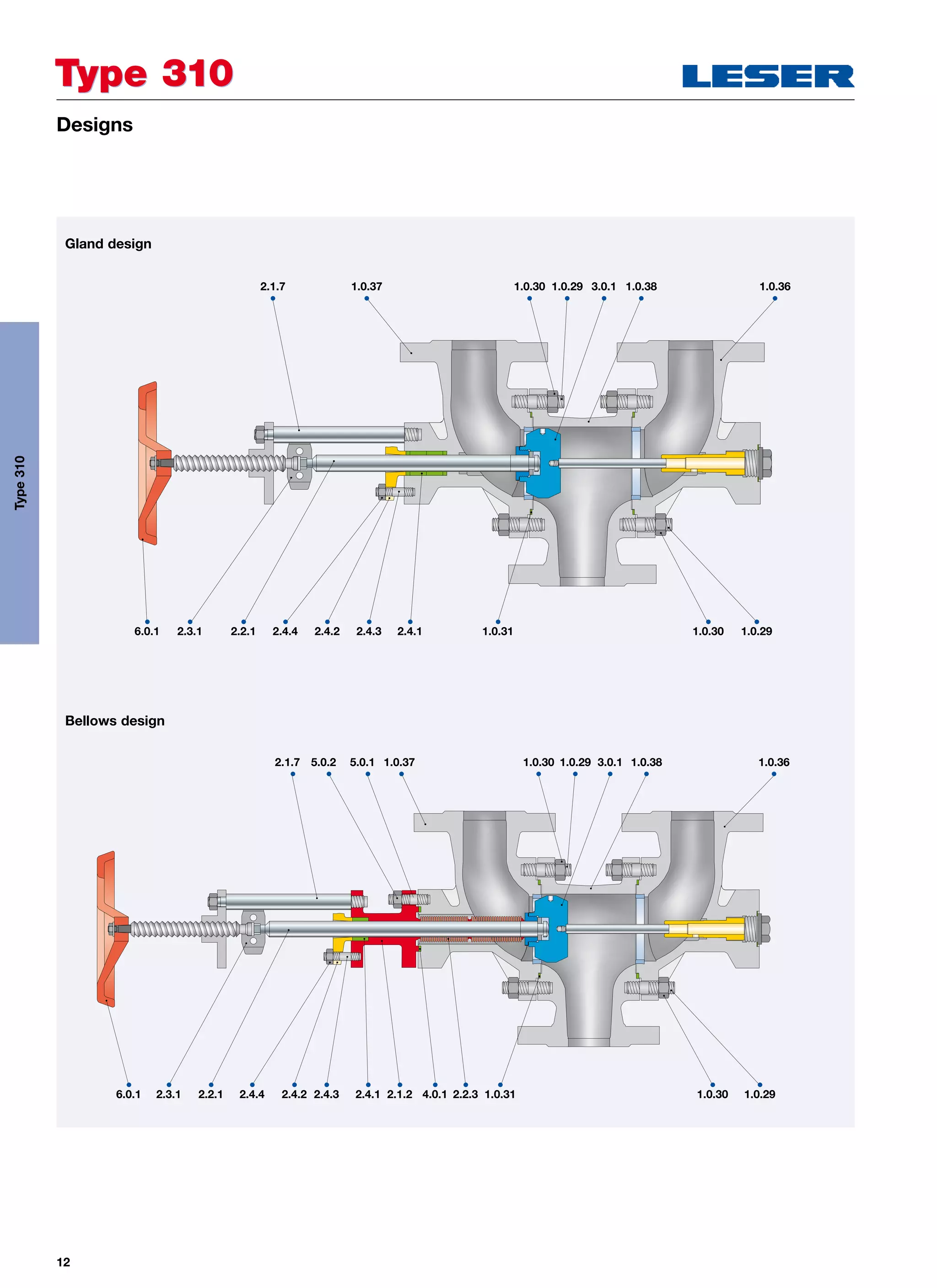 12
Type 310Type 310
Designs
Gland design
Bellows design
2.1.7 5.0.2 5.0.1 1.0.30 1.0.29 3.0.1 1.0.38 1.0.36
6.0.1 2.3.1 2.2.1 2.4.4 2.4.2 2.4.3 2.4.1 2.1.2 4.0.1 2.2.3 1.0.31 1.0.30 1.0.29
2.1.7
6.0.1 2.3.1 2.2.1 2.4.4 2.4.2 2.4.3 2.4.1 1.0.31 1.0.30 1.0.29
1.0.37 1.0.30 1.0.29 3.0.1 1.0.38 1.0.36
1.0.37
Type310
 
