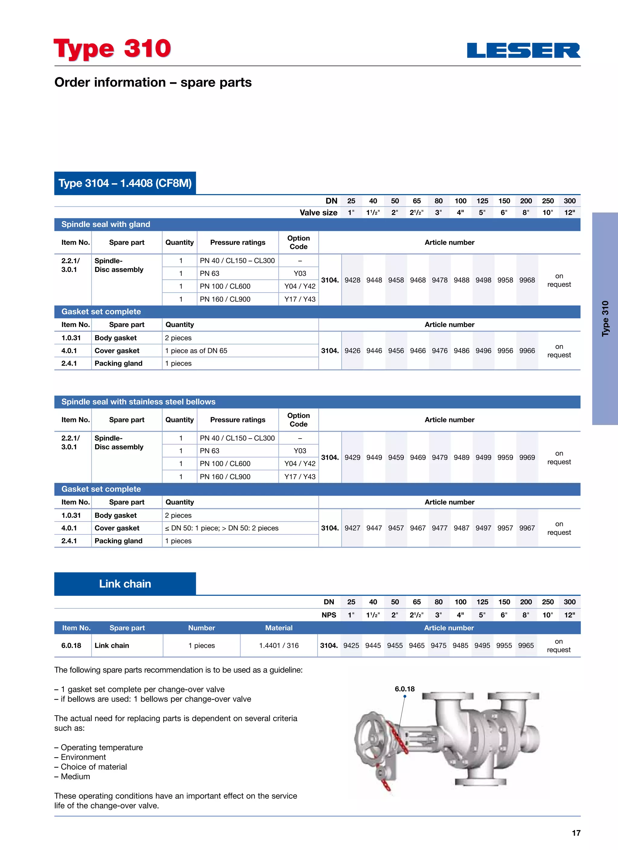 17
Order information – spare parts
Type 310Type 310
DN 25 40 50 65 80 100 125 150 200 250 300
Valve size 1 11
/2 2 21
/2 3 4 5 6 8 10 12
Type 3104 – 1.4408 (CF8M)
The following spare parts recommendation is to be used as a guideline:
– 1 gasket set complete per change-over valve
– if bellows are used: 1 bellows per change-over valve
The actual need for replacing parts is dependent on several criteria
such as:
– Operating temperature
– Environment
– Choice of material
– Medium
These operating conditions have an important effect on the service
life of the change-over valve.
Spindle seal with gland
Item No. Spare part Quantity Pressure ratings
Option
Code
Article number
2.2.1/ Spindle- 1 PN 40 / CL150 – CL300 –
3104. 9428 9448 9458 9468 9478 9488 9498 9958 9968
on
request
3.0.1 Disc assembly
1 PN 63 Y03
1 PN 100 / CL600 Y04 / Y42
1 PN 160 / CL900 Y17 / Y43
Gasket set complete
Item No. Spare part Quantity Article number
1.0.31 Body gasket 2 pieces
3104. 9426 9446 9456 9466 9476 9486 9496 9956 9966
on
request
4.0.1 Cover gasket 1 piece as of DN 65
2.4.1 Packing gland 1 pieces
Spindle seal with stainless steel bellows
Item No. Spare part Quantity Pressure ratings
Option
Code
Article number
2.2.1/ Spindle- 1 PN 40 / CL150 – CL300 –
3104. 9429 9449 9459 9469 9479 9489 9499 9959 9969
on
request
3.0.1 Disc assembly
1 PN 63 Y03
1 PN 100 / CL600 Y04 / Y42
1 PN 160 / CL900 Y17 / Y43
Gasket set complete
Item No. Spare part Quantity Article number
1.0.31 Body gasket 2 pieces
3104. 9427 9447 9457 9467 9477 9487 9497 9957 9967
on
request
4.0.1 Cover gasket ≤ DN 50: 1 piece;  DN 50: 2 pieces
2.4.1 Packing gland 1 pieces
DN 25 40 50 65 80 100 125 150 200 250 300
NPS 1 11
/2 2 21
/2 3 4 5 6 8 10 12
Item No. Spare part Number Material Article number
6.0.18 Link chain 1 pieces 1.4401 / 316 3104. 9425 9445 9455 9465 9475 9485 9495 9955 9965
on
request
6.0.18
Link chain
Type310
 