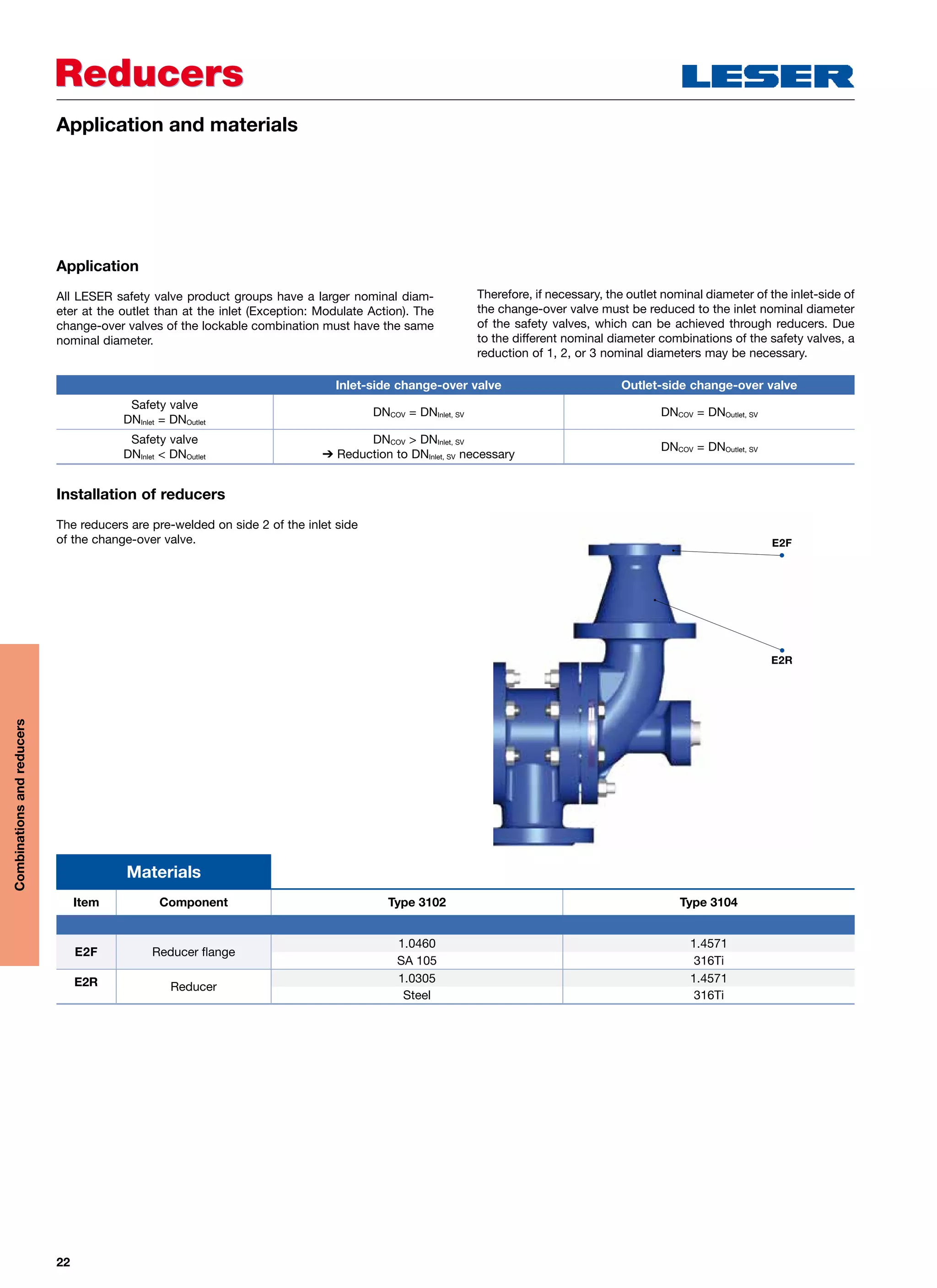 22
ReducersReducers
Application and materials
Application
All LESER safety valve product groups have a larger nominal diam-
eter at the outlet than at the inlet (Exception: Modulate Action). The
change-over valves of the lockable combination must have the same
nominal diameter.
Therefore, if necessary, the outlet nominal diameter of the inlet-side of
the change-over valve must be reduced to the inlet nominal diameter
of the safety valves, which can be achieved through reducers. Due
to the different nominal diameter combinations of the safety valves, a
reduction of 1, 2, or 3 nominal diameters may be necessary.
Installation of reducers
The reducers are pre-welded on side 2 of the inlet side
of the change-over valve.
Inlet-side change-over valve Outlet-side change-over valve
Safety valve
DNInlet = DNOutlet
DNCOV = DNInlet, SV DNCOV = DNOutlet, SV
Safety valve
DNInlet  DNOutlet
DNCOV  DNInlet, SV
➔ Reduction to DNInlet, SV necessary
DNCOV = DNOutlet, SV
Materials
Item Component Type 3102 Type 3104
E2F Reducer flange
1.0460 1.4571
SA 105 316Ti
E2R Reducer
1.0305 1.4571
Steel 316Ti
E2F
E2R
Combinationsandreducers
 