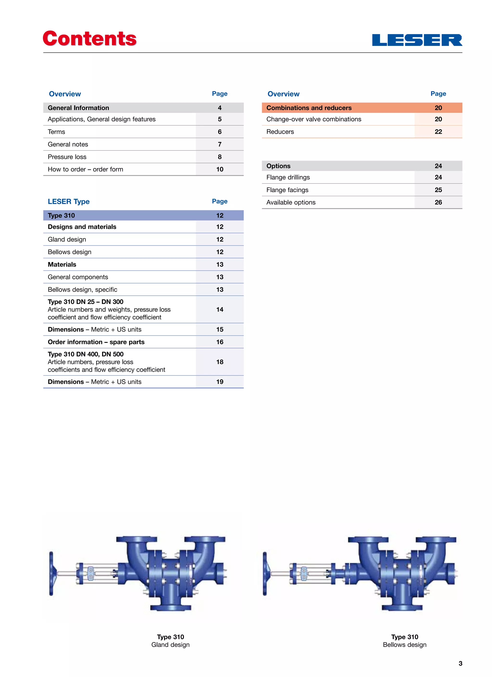 3
ContentsContents
Type 310
Gland design
Type 310
Bellows design
Overview Page
General Information 4
Applications, General design features 5
Terms 6
General notes 7
Pressure loss 8
How to order – order form 10
LESER Type Page
Type 310 12
Designs and materials 12
Gland design 12
Bellows design 12
Materials 13
General components 13
Bellows design, specific 13
Type 310 DN 25 – DN 300
Article numbers and weights, pressure loss
coefficient and flow efficiency coefficient
14
Dimensions – Metric + US units 15
Order information – spare parts 16
Type 310 DN 400, DN 500
Article numbers, pressure loss
coefficients and flow efficiency coefficient
18
Dimensions – Metric + US units 19
Options 24
Flange drillings 24
Flange facings 25
Available options 26
Overview Page
Combinations and reducers 20
Change-over valve combinations 20
Reducers 22
 