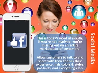 SocialMedia
This is today’s word of mouth.
If you’re not involved, you’re
missing out on an entire
marketplace of customers!
Allow customers to talk to and
share with their friends their
experience, hair colors & styles,
products, and everything else.
 