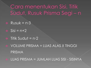  Rusuk = n∙3
 Sisi = n+2
 Titik Sudut = n∙2
 VOLUME PRISMA = LUAS ALAS X TINGGI
PRISMA
 LUAS PRISMA = JUMLAH LUAS SISI - SISINYA
 