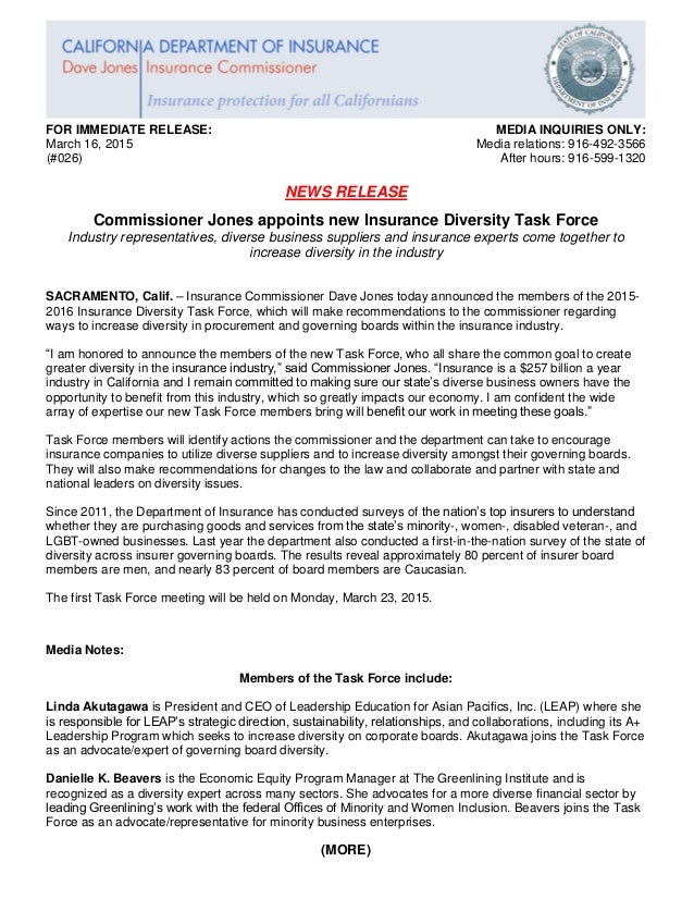 press release announcement of 2015 16 insurance diversity task force