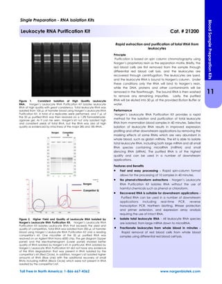 Figure 1. Consistent Isolation of High Quality Leukocyte
RNA. Norgen’s Leukocyte RNA Purification Kit isolates leukocyte
RNA of high quality with great consistency. Total leukocyte RNA was
isolated from 100 µL of hamster blood using Norgen’s Leukocyte RNA
Purification Kit. A total of 6 replicates were performed, and 7 µL of
the 50 µL purified RNA was then resolved on a 1.2% formaldehyde-
agarose gel. As it can be seen, Norgen's kit not only isolated high
and consistent yields of total RNA, but the RNA was also of high
quality as evidenced by intactness of the major 28S and 18S rRNA.
Figure 2. Higher Yield and Quality of Leukocyte RNA Isolated by
Norgen's Leukocyte RNA Purification Kit. Norgen’s Leukocyte RNA
Purification Kit isolates Leukocyte RNA that exceeds the yield and
quality of competitors. Total RNA was isolated from 200 µL of hamster
blood using Norgen’s Leukocyte RNA Purification Kit and a leading
competitor’s kit. One microliter of the 50 µL purified RNA was
resolved on an Agilent RNA Nano 6000 chip. The gel diagram (Upper
panel) and the electropherogram (Lower panel) showed better
quality of RNA isolated by Norgen’s kit. In particular, RNA isolated by
Norgen’s Leukocyte RNA Purification Kit did not have any evidence
of the RNA degradation that was present in RNA isolated by the
competitor’s kit (Red Circle). In addition, Norgen’s kit isolated higher
amounts of RNA (Blue Line) with the additional recovery of small
RNAs including miRNA (Black Circle) which were not present in RNA
isolated by the competitor’s kit.
Rapid extraction and purification of total RNA from
leukocytes
Principle
Purification is based on spin column chromatography using
Norgen’s proprietary resin as the separation matrix. Briefly, the
red blood cells are first removed from the sample through
differential red blood cell lysis, and the leukocytes are
recovered through centrifugation. The leukocytes are lysed,
and the leukocyte RNA is bound to Norgen's column. Under
these conditions only the RNA will bind to Norgen’s resin,
while the DNA, proteins and other contaminants will be
removed in the flowthrough. The bound RNA is then washed
to remove any remaining impurities. Lastly, the purified
RNA will be eluted into 50 µL of the provided Elution Buffer or
water.
Performance
Norgen’s Leukocyte RNA Purification Kit provides a rapid
method for the isolation and purification of total leukocyte
RNA from mammalian blood samples in 40 minutes. Selective
isolation of leukocyte RNA results in improved expression
profiling and other downstream applications by removing the
masking effects of some RNAs which are very abundant in
whole blood, such as globin mRNAs. The kit is able to isolate
total leukocyte RNA, including both large mRNA and all small
RNA species containing microRNA (miRNA) and small
silencing RNA (siRNA). The purified RNA is of the highest
quality and can be used in a number of downstream
applications.
Features and Benefits
 Fast and easy processing - Rapid spin-column format
allows for the processing of 10 samples in 40 minutes.
 No phenol:chloroform extractions - Norgen’s Leukocyte
RNA Purification Kit isolates RNA without the use of
harmful chemicals such as phenol or chloroform.
 Recovered RNA is suitable for downstream applications -
Purified RNA can be used in a number of downstream
applications including real-time PCR, reverse
transcription PCR, Northern blotting, RNase protection
and primer extension, and expression array analysis
requiring the use of intact RNA.
 Isolate total leukocyte RNA - All leukocyte RNA species
are isolated, from large mRNA down to microRNA.
 Fractionate leukocytes from whole blood in minutes -
Rapid removal of red blood cells from whole blood
samples using differential red blood cell lysis.
Single Preparation - RNA Isolation Kits
Leukocyte RNA Purification Kit Cat. # 21200
11
BloodSamplePreparationKits
Toll Free in North America: 1-866-667-4362 www.norgenbiotek.com
 