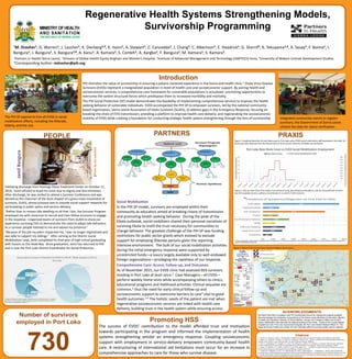 Regenerative Health Systems Strengthening Models,
Survivorship Programming
PARTNERS
Social Mobilization
In the PIH SP model, survivors are employed within their
community as educators aimed at breaking chains of transmission
and promoting health seeking behavior. During the peak of the
Ebola outbreak, social mobilizers shared their personal narratives of
surviving Ebola to instill the trust necessary for communities to
change behavior. The greatest challenge of the PIH SP was funding
restrictions for public sector grants which evolved to exclude
support for employing illiterate persons given the reporting
intensive environment. The bulk of our social mobilization activities
during the initial emergency response were supported by
unrestricted funds—a luxury largely available only to well-endowed
foreign organizations—privileging the rapidness of our response.
Comprehensive Care: Access, Follow-up, and Outcomes
As of November 2015, our EVDS clinic had assessed 603 survivors
residing in Port Loko at least once.2 Case Managers—all EVDS—
perform weekly home-visits while accompanying others to clinics,
educational programs and livelihood activities. Clinical sequelae are
common,2 thus the need for early clinical follow-up and
socioeconomic support to overcome barriers to care3 vital to good
health outcomes.1-4 The holistic needs of the patient are met when
regenerative socioeconomic services are linked with health care
delivery, building trust in the health system while ensuring access.
PEOPLE
Following discharge from Hastings Ebola Treatment Center on October 11,
2014, Jamil refused to leave his room due to stigma and discrimination.
After discharge, he was invited to attend a Survivor Conference and was
elected as the chairman of the local chapter of a grass-roots movement of
survivors, SLAES, whose purpose was to provide social support networks for
participating in public policy and service-delivery.
“Rather than to remain idle dwelling on all that I lost, the Survivor Program
employed me with resources to recruit and train fellow survivors to engage
in the response. I organized teams of survivors from SLAES to share our
experience surviving EVD to demonstrate the need to adopt safe behaviors.
As a survivor people listened to me and valued my presence.”
“Because of the job my peers respected me, I was no longer stigmatized and
was able to support my siblings.” After serving as the District Social
Mobilization Lead, Jamil completed his final year of high-school graduating
with honors as the Head Boy. Since graduation, Jamil has returned to PIH
and is now the Port Loko District Coordinator for Social Protection.
ACKNOWLEDGMENTS
We thank Paul Allen Foundation and PIH Unrestricted Donors for making this program possible.
We acknowledge the leadership and guidance of the Sierra Leone Ministries of Education; Ministry
of Health and Sanitation; Ministry of Social Welfare, Gender and Children’s Affairs and SLAES
whose collaboration has informed the regional scaling of the model. Thanks to the Lunsar Baptist
Hospital Eye Unit, Port Loko Government Hospital, the Port Loko District Medical Officer Dr. Tom
Sesay and every health-care worker for their relentless efforts to provide quality care for patients.
Promoting HSS
The success of EVDS’ contribution to the model afforded trust and motivation
towards participating in the program and informed the implementation of health
systems strengthening amidst an emergency response. Coupling socioeconomic
support with employment in service-delivery empowers community-based health
care. A restructuring of international aid limitations must occur for an increase in
comprehensive approaches to care for those who survive disease.
*M. Drasher1, G. Warren1, J. Lascher1, K. Dierberg1,2, K. Hann1, A. Stewart1, C. Cancedda1, J. Chang1, C. Albertson1, E. Headrick1, G. Sherrif1, K. Tekuyama1,3, A. Sesay1, F. Boima1, I.
Bangura1, J. Bangura1, S. Bangura1,4, A. Kanu1, A. Kamara1, S. Conteh1, A. Kargbo1, F. Bangura1, M. Kamara1, S. Kamara1.
Introduction
PIH cherishes the value of survivorship in ensuring a patient-centered experience in the home and health clinic.1 Ebola Virus Disease
Survivors (EVDS) represent a marginalized population in need of health care and socioeconomic support. By pairing health and
socioeconomic services, a comprehensive care framework for vulnerable populations is actualized--promoting opportunities to
overcome the violent structural forces which predispose them to increased morbidity and mortality.
The PIH Social Protection (SP) model demonstrates the feasibility of implementing comprehensive services to improve the health
seeking behavior of vulnerable individuals. EVDS accompanied the PIH SP to empower survivors, led by the national community-
based organization, Sierra Leone Association of Ebola Survivors (SLAES), to address gaps in the Emergency Response, focusing on
breaking the chain of EVD transmission; providing a platform to improve health care delivery; and regenerating the socioeconomic
mobility of EVDS while creating a foundation for conducting strategic health system strengthening through the lens of survivorship.
PRAXIS
Number of survivors
employed in Port Loko
Citations
1 Farmer, P. E., Nizeye, B., Stulac, S., & Keshavjee, S. (2006). Structural violence and clinical medicine. PLoS Medicine, 3(10), e449.
2 Mattia, J. G., Vandy, M. J., Chang, J. C., Platt, D. E., Dierberg, K., Bausch, D. G., … Mishra, S. (2015). Early clinical sequelae of Ebola virus
disease in Sierra Leone: a cross-sectional study. The Lancet Infectious Diseases, 3099(15).
3 Tsai, A. C., Bangsberg, D. R., Frongillo, E. A., Hunt, P. W., Muzoora, C., Martin, J. N., & Weiser, S. D. (2012). Food insecurity, depression
and the modifying role of social support among people living with HIV/AIDS in rural Uganda. Social Science & Medicine, 74(12).
4 Varkey, J. B., Shantha, J. G., Crozier, I., Kraft, C. S., Lyon, G. M., Mehta, A. K., ... & Ströher, U. (2015). Persistence of Ebola virus in ocular
fluid during convalescence. New England Journal of Medicine, 372(25), 2423-2427.
5 Franke, M. F., Kaigamba, F., Socci, A. R., Hakizamungu, M., Patel, A., Bagiruwigize, E., ... & Mukherjee, J. (2012). Improved retention
associated with community-based accompaniment for antiretroviral therapy delivery in rural Rwanda. Clinical Infectious Diseases, cis1193.
6 Chang, J & Schlough, G. (2015). Comprehensive Care for Ebola Survivors. Presentation at: WHO meeting on survivors of Ebola virus
disease: Clinical care, research and biobanking, Freetown, Sierra Leone.
0
100
200
300
400
500
600
700
800
900
0
5
10
15
20
25
30
#OFEVDSSOCIALMOBILIZATIONSTAFF
NEWEBOLACASES(DAILY)
Port Loko New Ebola Cases vs EVDS Social Mobilization Employment
New Ebola Cases EVDS Social Mobilization Staff
1Partners in Health Sierra Leone, 2Division of Global Health Equity Brigham and Women’s Hospital, 3Institute of Advanced Management and Technology (IAMTECH) Kono, 4University of Makeni Unimak Development Studies.
*Corresponding Author: mdrasher@pih.org
The PIH SP aspired to hire all EVDS in social
mobilization efforts, including the illiterate,
elderly, and the sick.
Integrated community events to register
survivors; the Government of Sierra Leone
utilized the data for status verification.
[PhotobyJonLascher]
Figure 1. Graphical depiction of new Ebola cases in Port Loko versus EVDS social mobilization staff employed in the field. All
Ebola case data obtained from the Government of Sierra Leone’s Ministry of Health and Sanitation.
Figure 2. EVD Survivor Clinic (Port Loko) cross-sectional study, describing the prevalence, nature, and predictors of three
key EVD sequelae (ocular, auditory, and articular) in a cohort of EVD survivors.
Figure 3. Map of EVD Survivor Care, Northern Region, Sierra Leone.
JamilBangura
 