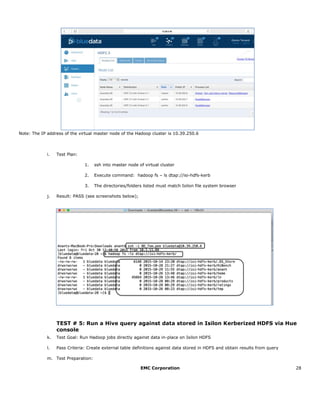 EMC Corporation 28
Note: The IP address of the virtual master node of the Hadoop cluster is 10.39.250.6
i. Test Plan:
1. ssh into master node of virtual cluster
2. Execute command: hadoop fs – ls dtap://isi-hdfs-kerb
3. The directories/folders listed must match Isilon file system browser
j. Result: PASS (see screenshots below);
TEST # 5: Run a Hive query against data stored in Isilon Kerberized HDFS via Hue
console
k. Test Goal: Run Hadoop jobs directly against data in-place on Isilon HDFS
l. Pass Criteria: Create external table definitions against data stored in HDFS and obtain results from query
m. Test Preparation:
 