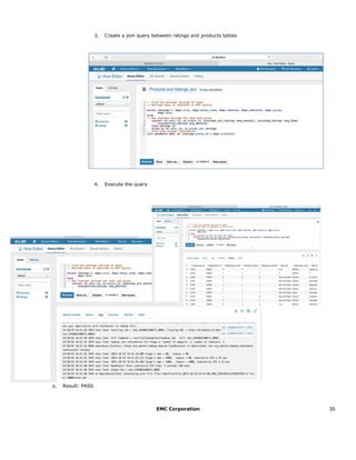 EMC Corporation 30
3. Create a join query between ratings and products tables
4. Execute the query
o. Result: PASS
 