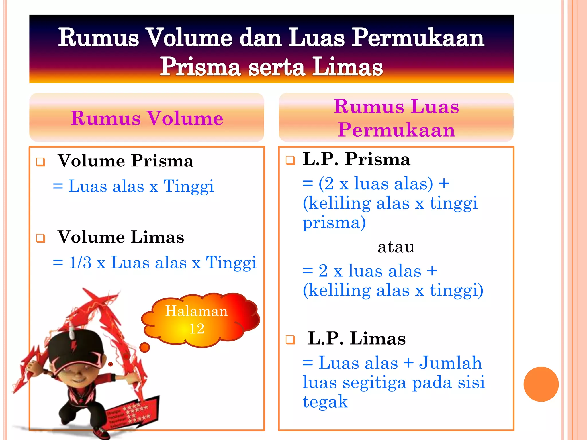  Volume Prisma
= Luas alas x Tinggi
 Volume Limas
= 1/3 x Luas alas x Tinggi
 L.P. Prisma
= (2 x luas alas) +
(keliling alas x tinggi
prisma)
atau
= 2 x luas alas +
(keliling alas x tinggi)
 L.P. Limas
= Luas alas + Jumlah
luas segitiga pada sisi
tegak
Rumus Volume
Rumus Luas
Permukaan
Halaman
12
 