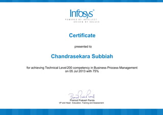 Certificate
presented to
Chandrasekara Subbiah
for achieving Technical Level 200 competency in Business Process Management
on 05 Jul 2013 with 75%
VP and Head - Education, Training and Assessment
Pramod Prakash Panda
 
