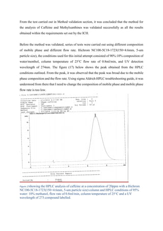 From the test carried out in Method validation section, it was concluded that the method for
the analysis of Caffeine and Methylxanthines was validated successfully as all the results
obtained within the requirements set out by the ICH.
Before the method was validated, series of tests were carried out using different composition
of mobile phase and different flow rate. Hichrom NC100-5C18-1723(150×4.6mm, 5-um
particle size), the conditions used for this initial attempt consisted of 90%:10% composition of
water/menthol, column temperature of 25°C flow rate of 0.8ml/min, and UV detection
wavelength of 274nm. The figure (17) below shows the peak obtained from the HPLC
conditions outlined. From the peak, it was observed that the peak was broad due to the mobile
phase composition and the flow rate. Using sigma Aldrich HPLC troubleshooting guide, it was
understood from there that I need to change the composition of mobile phase and mobile phase
flow rate is too low.
Figure 17showing the HPLC analysis of caffeine at a concentration of 20ppm with a Hichrom
NC100-5C18-1723(150×4.6mm, 5-um particle size) column and HPLC conditions of 95%
water: 10% methanol, flow rate of 0.8ml/min, column temperature of 25°C and a UV
wavelength of 273.compound labelled.
 