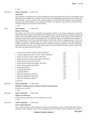 Page of5
02/23/2015
** PROTECTED BY FERPA **
10
Mortarman:
Infantry Unit Leader:
Disability Evaluation System Counselor, Physical Evaluation Board:
Martial Arts Instructor:
Close Combat Instructor:
NONE ASSIGNED
MCE-0369-001
NONE ASSIGNED
NONE ASSIGNED
NONE ASSIGNED
MCE-0341
0369
MCE-9915
MCE-0916
MCE-8551
The mortarman is responsible for the tactical employment of the 60mm light mortar and the 81mm medium mortar.
Mortarmen provide indirect fire in support of the rifle and LAR squads/platoons/companies and the infantry and
LAR battalions. They are located in the weapons platoons of the rifle and LAR companies and the weapons
company of the infantry battalion. Noncommissioned officers are assigned as mortar gunners, forward observers,
fire direction plotters, and squad and section leaders.
The infantry unit leader assists commanders and operations officers in the training, deployment and tactical
employment of rifle, weapons, LAR (Light Armor Reconnaissance), and antitank platoons/companies, infantry unit
leaders, and LAR battalions proficient in all the infantry weapons systems. They supervise and cooridnate the
preparation of personnel, weapons and equipment for movement and combat, the establishment and operation of
unit command posts, the fire and movement between tactical units, the fire of supporting arms, and the unit
resupply and casualty evacuation effort. As a platoon sergeant in the rifle, surveillance and target acquisition,
weapons, machine-gun, LAR, and antitank platoons, he advises the platoon commander on all issues of discipline,
morale and welfare. He also serves as the section leader for the scout-sniper and various weapons sections and
often leads task organized patrols and teams.
Description not available.
Conduct training in principles of close combat and core values.
Close combat instructors conduct training in all aspects of close combat to include: combat hitting skills, defensive
techniques, linear infighting neural-override engagement (LINE) techniques, bayonet fighting and weapons of
Communications (SSGT, GYSGT, MSGT, MGYSGT)
Computer Applications (SSGT, GYSGT, MSGT, MGYSGT)
Supervision (SSGT, GYSGT, MSGT, MGYSGT)
Budget And Resource Management (MSGT, MGYSGT)
Human Resource Supervision (GYSGT)
Human Resource Supervision (MSGT, MGYSGT)
Human Resource Supervision (SSGT)
Leadership (GYSGT)
Leadership (MGYSGT)
Leadership (MSGT)
Operations Management (GYSGT)
Operations Management (MGYSGT)
Operations Management (MSGT)
L
L
L
U
U
U
U
U
U
U
U
U
U
3 SH
3 SH
3 SH
2 SH
2 SH
3 SH
1 SH
1 SH
3 SH
2 SH
1 SH
3 SH
2 SH
01-DEC-1997
22-APR-1999
01-MAY-2000
22-NOV-2001
22-NOV-2001
None
None
None
None
(7/07)(7/07)
 