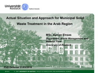 © 2009 UNIVERSITY OF ROSTOCK | FACULTY OF AGRICULTURAL AND ENVIRONMENTAL SCIENCES© 2009 UNIVERSITY OF ROSTOCK | FACULTY OF AGRICULTURAL AND ENVIRONMENTAL SCIENCES
Actual Situation and Approach for Municipal Solid
Waste Treatment in the Arab Region
MSc. Ayman Elnaas
Department Waste Management and
Material Flow
University of Rostock
08/19/16
PhD Defense 31/03/2016
 