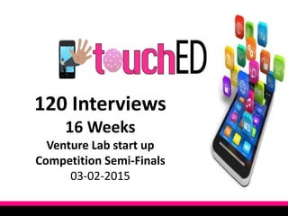 120 Interviews
16 Weeks
Venture Lab start up
Competition Semi-Finals
03-02-2015
 