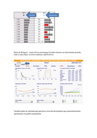 Barra de Rolagem – muito útil na amostragem de dados durante um determinado período,
onde a cada clique, ocorrem mudanças significativas.
Também pode ser utilizado para percorrer uma lista de produtos que automaticamente
apresentam um gráfico equivalente.
ativado desativado
 