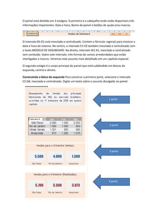 O painel está dividido em 3 estágios. O primeiro é o cabeçalho onde estão disponíveis três
informações importantes: Data e hora, Nome do painel e botões de ajuda e/ou macros.
O intervalo B1:D1 está mesclado e centralizado. Contém a fórmula =agora() para mostrar a
data e hora do sistema. No centro, o intervalo E1:V2 também mesclado e centralizado com
o texto MODELO DE DASHBOARD. Na direita, intervalo W1:X1, mesclado e centralizado
sem conteúdo. Sobre este intervalo, três formas de cantos arredondados que estão
interligadas a macros. Veremos este assunto mais detalhado em um capítulo especial.
O segundo estágio é o corpo principal do painel que está subdividido em blocos da
esquerda, central e direita.
Construindo o bloco da esquerda Para construir a primeira parte, selecione o intervalo
C5:G8, mesclado e centralizado. Digite um texto sobre o assunto divulgado no painel.
1 parte
2 parte
3 parte
4 parte
 