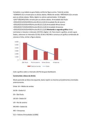 Complete a sua tabela na guia Dados conforme figura acima. Total de vendas
=SOMA(H3:J3) e arraste para as células abaixo. Média de vendas =MÉDIA(H3:J3) e arraste
para as células abaixo. Meta, digitar os valores apresentados. % Atingido
=((K3*100)/M3)/100 e arraste para as células abaixo. Arrecadado São Paulo
=DESLOC(E3;ESCOLHER(Vínculos!B1;0;1;2);0) Arrecadado Rio de Janeiro
=DESLOC(E10;ESCOLHER(Vínculos!B1;0;1;2);0) Arrecadado Minas Gerais
=DESLOC(E17;ESCOLHER(Vínculos!B1;0;1;2);0) Arrecadado Amazonas
=DESLOC(E24;ESCOLHER(Vínculos!B1;0;1;2);0) Montando o segundo gráfico Antes
centralizar e mesclar o intervalo J19:P19 e digitar =J4. Para inserir o gráfico, vá até a guia
Dados, selecione os intervalos G2:G6, K2:K6 e M2:M6 e construa um gráfico combinado de
colunas e linha, similar a figura abaixo.
Cole o gráfico sobre o intervalo J20:P32 da guia Dashboard.
Construindo o bloco da direita
Muito parecido ao bloco da esquerda, basta repetir os mesmos procedimentos orientados
anteriormente.
Onde: S4 = Média de vendas
S6:S8 = Dados!L3
S9 = São Paulo
U6:U8 = Dados!L4
U9 = Rio de Janeiro
W6:W8 = Dados!L6
W6 = Amazonas
S12 = Valores Arrecadados (x1000)
 