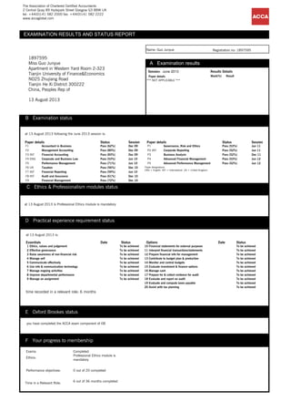 The Association of Chartered Certified Accountants
2 Central Quay 89 Hydepark Street Glasgow G3 8BW UK
tel: +44(0)141 582 2000 fax: +44(0)141 582 2222
www.accaglobal.com
Name: Guo Junyue Registration no: 1897595
1897595
Miss Guo Junyue
Apartment in Western Yard Room 2-323
Tianjin University of Finance&Economics
NO25 Zhujiang Road
Tianjin He Xi District 300222
China, Peoples Rep of
13 August 2013
Session: June 2013 Results Details
Paper details Mark(%) Result
*** NOT APPLICABLE ***
B Examination status
at 13 August 2013 following the June 2013 session is:
Paper details Status Session
F1 Accountant in Business Pass (62%) Dec 09
F2 Management Accounting Pass (80%) Dec 09
F3 INT Financial Accounting Pass (83%) Dec 09
F4 ENG Corporate and Business Law Pass (53%) Jun 10
F5 Performance Management Pass (71%) Jun 10
F6 UK Taxation Pass (56%) Dec 10
F7 INT Financial Reporting Pass (59%) Jun 10
F8 INT Audit and Assurance Pass (61%) Dec 10
F9 Financial Management Pass (72%) Dec 10
Paper details Status Session
P1 Governance, Risk and Ethics Pass (53%) Jun 11
P2 INT Corporate Reporting Pass (52%) Jun 11
P3 Business Analysis Pass (52%) Dec 11
P4 Advanced Financial Management Pass (53%) Jun 12
P5 Advanced Performance Management Pass (52%) Jun 12
Paper designations:
ENG = English. INT = International. UK = United Kingdom.
C Ethics & Professionalism modules status
at 13 August 2013 is Professional Ethics module is mandatory
D Practical experience requirement status
at 13 August 2013 is:
Essentials Date Status
1 Ethics, values and judgement To be achieved
2 Effective governance To be achieved
3 Raise awareness of non-financial risk To be achieved
4 Manage self To be achieved
5 Communicate effectively To be achieved
6 Use info & communication technology To be achieved
7 Manage ongoing activities To be achieved
8 Improve departmental performance To be achieved
9 Manage an assignment To be achieved
Options Date Status
10 Financial statements for external purposes To be achieved
11 Interpret financial transactions/statements To be achieved
12 Prepare financial info for management To be achieved
13 Contribute to budget plan & production To be achieved
14 Monitor and control budgets To be achieved
15 Evaluate investment & finance options To be achieved
16 Manage cash To be achieved
17 Prepare for & collect evidence for audit To be achieved
18 Evaluate and report on audit To be achieved
19 Evaluate and compute taxes payable To be achieved
20 Assist with tax planning To be achieved
time recorded in a relevant role: 6 months
E Oxford Brookes status
you have completed the ACCA exam component of OB
F Your progress to membership
Exams: Completed
Ethics:
Professional Ethics module is
mandatory
Performance objectives: 0 out of 20 completed
Time in a Relevant Role:
6 out of 36 months completed
EXAMINATION RESULTS AND STATUS REPORT
A Examination results
 