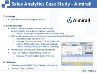  Challenge
 Sales efficiency Analytics (Sales + CRM)
 Solution Provided
 Master Data Management and Data Warehouse
imp...