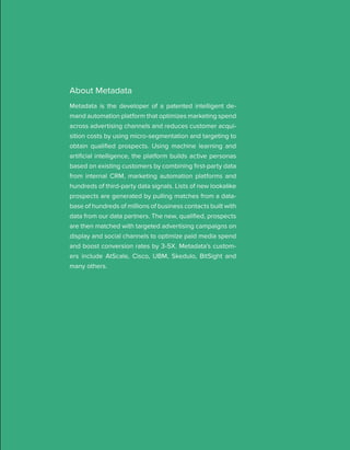 [ 25 ]
About Metadata
Metadata is the developer of a patented intelligent de-
mand automation platform that optimizes marketing spend
across advertising channels and reduces customer acqui-
sition costs by using micro-segmentation and targeting to
obtain qualified prospects. Using machine learning and
artificial intelligence, the platform builds active personas
based on existing customers by combining first-party data
from internal CRM, marketing automation platforms and
hundreds of third-party data signals. Lists of new lookalike
prospects are generated by pulling matches from a data-
base of hundreds of millions of business contacts built with
data from our data partners. The new, qualified, prospects
are then matched with targeted advertising campaigns on
display and social channels to optimize paid media spend
and boost conversion rates by 3-5X. Metadata’s custom-
ers include AtScale, Cisco, UBM, Skedulo, BitSight and
many others.
 