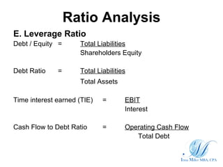 Ratio Analysis
E. Leverage Ratio
Debt / Equity = Total Liabilities
Shareholders Equity
Debt Ratio = Total Liabilities
Tota...