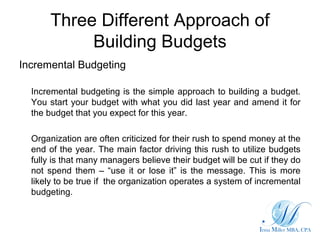 Three Different Approach of
Building Budgets
Incremental Budgeting
Incremental budgeting is the simple approach to buildin...