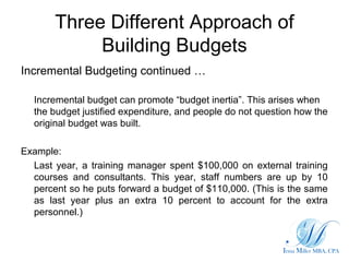 Three Different Approach of
Building Budgets
Incremental Budgeting continued …
Incremental budget can promote “budget iner...