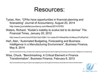 Resources:
Tysiac, Ken, “CPAs have opportunities in financial planning and
forecasting” Journal of Accountancy, August 20,...