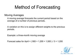Method of Forecasting
Moving Averages
A moving average forecasts the current period based on the
average of a number of pr...