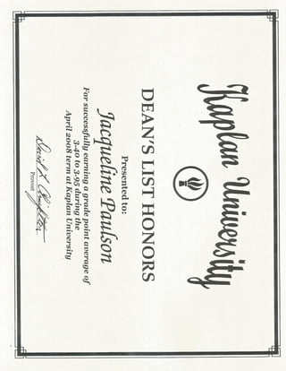 Jackie Paulson Certificate of Honors Kaplan University Paralegal