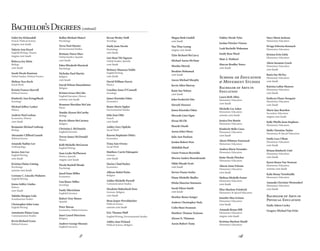8 13
Bachelor’sDegrees(continued)
Gabri Joy Kirkendall
French, Political Science
magna cum laude
Valorie Ann Kissel
English/Writing, Theatre
magna cum laude
Rebecca Joy Klein
Biology
cum laude
Sarah Nicole Knutson
Global Studies, Political Science
Melissa Teya Koch
Social Work
Kristin Frances Korvell
Political Science
Kimberly Ann Kringelbach
Sociology
Michael Jeffrey Lasher
History
Andrew Paul Lashua
Economics, History
cum laude
Benjamin Michael Lathrop
Biology
Alexander Clifford Laumb
Political Science
Amanda Nadine Lee
Anthropology
Jessica Ann Lee
English/Writing
cum laude
Kristina Elaine Liming
Psychology
summa cum laude
Corinne C. Lincoln-Pinheiro
English/Writing
Jenna Ashley Lindus
History
cum laude
Tabitha Morgan Lisle
Scandinavian Studies
Christopher John Lona
English/Writing
Antoinette Elaine Luna
Communication Studies
Kevin Richard Lysen
Political Science
Kellen Michael Maiuri
Psychology
Terra Noel Marotz
Environmental Studies
Brittany Dawn Mars
Global Studies, Spanish
cum laude
Eden Elizabeth Marsicek
Psychology
Nicholas Paul Martin
Religion
cum laude
David Wilson Masenhimer
Religion
Kristen Grace McCabe
English/Literature, History
summa cum laude
Brannon Sheridan McCain
Music
Natalie Alyson McCarthy
Biology
Kerrie Alison McCartney
Religion
Christina J. McDaniels
English/Literature
Trevor James McDonald
Physics
Kelli Michelle McGowan
English/Writing
Sean Leslie McPherson
History, Spanish
magna cum laude
Nicole Rachell Meade
Psychology
Jared Dean Miller
Economics
Lisa Renee Miller
Sociology
Emily Mkrtichian
English/Literature
Robert Troy Moore
Spanish
Peter Moran
Economics, Political Science
Janet Laurel Morrison
Religion
Andrew George Musson
English/Literature
Kevan Wesley Neill
Sociology
Emily Joan Nevels
Psychology
cum laude
Gai-Hoai Thi Nguyen
Global Studies, Spanish
cum laude
Brittney Maureen Noble
English/Writing
cum laude
David William Norris
Physics
Caroline Anne O’Connell
Sociology
James Kiyotaka Odan
Economics
Renee Marie Ogden
Environmental Studies
Julie Jean Olds
French
cum laude
Ashley Grey Opdyke
Social Work
Kareen Stephanie Ottley
Economics
Trina Ann Owens
Social Work
Matthew Curtis Palmquist
German
cum laude
Darius Chad Parker
Economics
Allison Mabel Parks
Religion
Ashlee Michelle Parnell
Communication Studies
Nicolette Haberbush Paso
German, Religion
cum laude
Beau Jasper Perschbacher
Political Science
summa cum laude
Eric Thomas Pfaff
English/Writing, Environmental Studies
Ashley Jane Pickard
Political Science, Religion
Megan Beth Lindell
cum laude
Van Thuy Luong
magna cum laude
Tyler Richard McCurry
Michael Aaron McNany
Monika Metrak
Ibrahim Mohamad
cum laude
Aaron Michael Murphy
Kevin Allen Murray
Katie Sue Nelson
cum laude
John Frederick Nitz
Siavash Nourozi
James Kiyotaka Odan
Mercede Linn Ogan
Hwan Mi Oh
Henrik Oiseth
Aaron John Olson
Julie Ann Paulson
Jordan Robert Post
Abdullah Rauf
Linzie Frances Reynolds
Morten Anders Rosenkrands
Nikki Miyuki Scott
cum laude
Steven Duane Seelye
Diane Michelle Shaffer
Elisha Maurine Simmons
Sarah Eileen Smith
cum laude
Heather Renee Songer
Andrew Christopher Stolz
Colin Hans Swanson
Matthew Thomas Terjeson
Alyson N. Thieman
Aaron Robert Tumy
Oakley Nicole Tyler
Jordan Fletcher Vinson
Leah Rochelle Wakeman
Emily Rose Ward
Matt A.Wolford
Marcus Bradley Yonce
cum laude
	
School of Education
& Movement Studies	
Bachelor of Arts in
Education
Laura Beth Allen
Elementary Education
cum laude
Michelle Lee Asher
Elementary Education
summa cum laude
Jessica Dee Bastin
Elementary Education
Kimberly Belle Cross
Elementary Education
cum laude
Alexis Whitney Eastwood
Elementary Education
Andrea Marie Ferandes
Elementary Education
Katie Nicole Fletcher
Elementary Education
Aliscia Anne Folsom
Elementary Education
cum laude
Melissa Michelle Foster
Elementary Education
cum laude
Elise Marlene Friedrich
Elementary & Special Education
Jennifer Mae Grimm
Elementary Education
cum laude
Amanda Renae Hill
Elementary Education
magna cum laude
Kristina Marlene Huehl
Elementary Education
Stacy Marie Jackson
Elementary Education
Pa’aga Veloveta Kennach
Elementary Education
Kristen Erin Little
Elementary Education
Alicia Suzanne Lynch
Elementary Education
cum laude
Karie Fay McVey
Elementary Education
cum laude
Katrina LaRae Monroe
Elementary Education
cum laude
Kathryn Diane Norquist
Elementary Education
cum laude
Marie Jaye Reardon
Secondary Education
magna cum laude
Kelly Phyllis Joan Stephens
Elementary Education
Holly Christine Taylor
Elementary & Special Education
Emily Luce Ullom
Elementary Education
cum laude
Briana Kimberly Unti
Elementary Education
cum laude
Karen Renee Van Nostran
Elementary Education
summa cum laude
Kalie Renay Vertefeuille
Elementary Education
Amanda Christine Westendorf
Elementary Education
cum laude
	
Bachelor of Arts in
Physical Education
Emily Aileen Corley
Gregory Michael Van Dyke
	
 